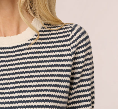 Short Sleeve Scalloped Stripe Pullover Sweater In Ivory Slate Blue