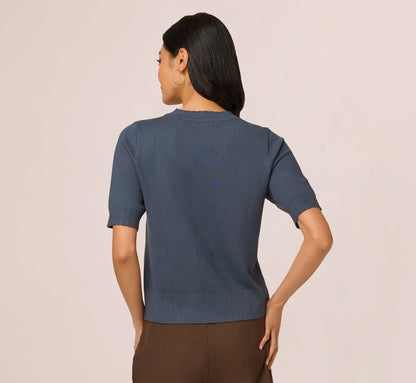 Short Sleeve Scalloped Sweater Top In Slate Blue