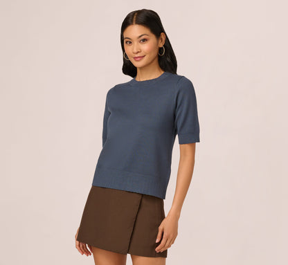 Short Sleeve Scalloped Sweater Top In Slate Blue
