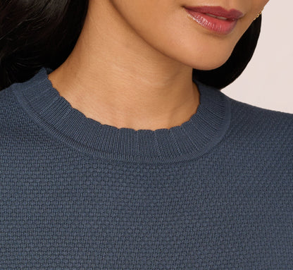 Short Sleeve Scalloped Sweater Top In Slate Blue