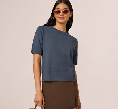 Short Sleeve Scalloped Sweater Top In Slate Blue