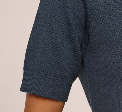 Short Sleeve Scalloped Sweater Top In Slate Blue