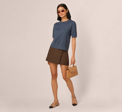 Short Sleeve Scalloped Sweater Top In Slate Blue