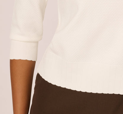 Three Quarter Sleeve Scalloped Pullover Sweater In Ivory