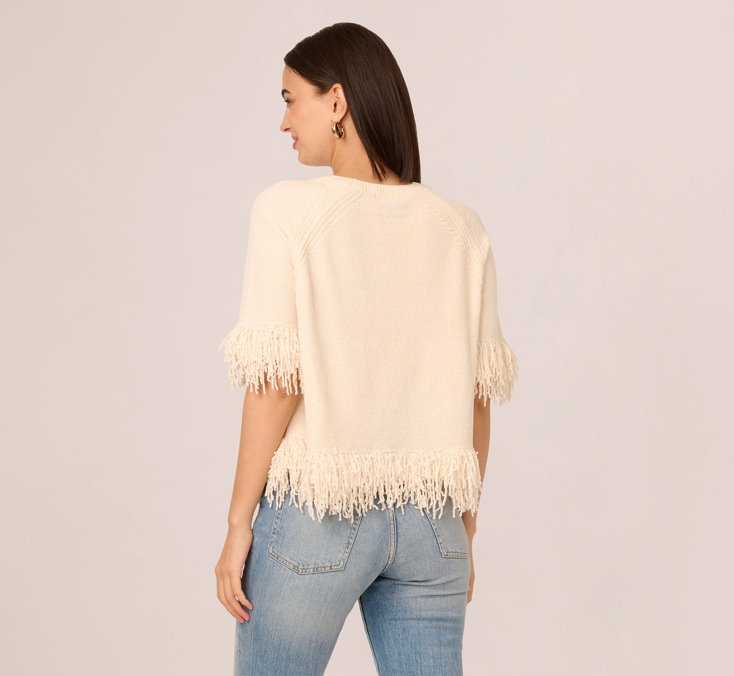 Three Quarter Sleeve Fringe Trim Sweater In Cream