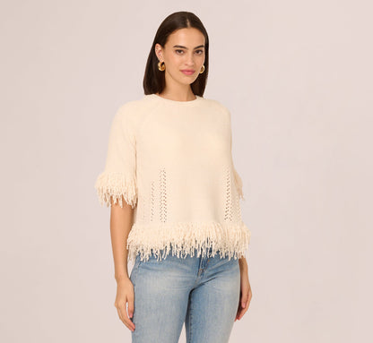 Three Quarter Sleeve Fringe Trim Sweater In Cream