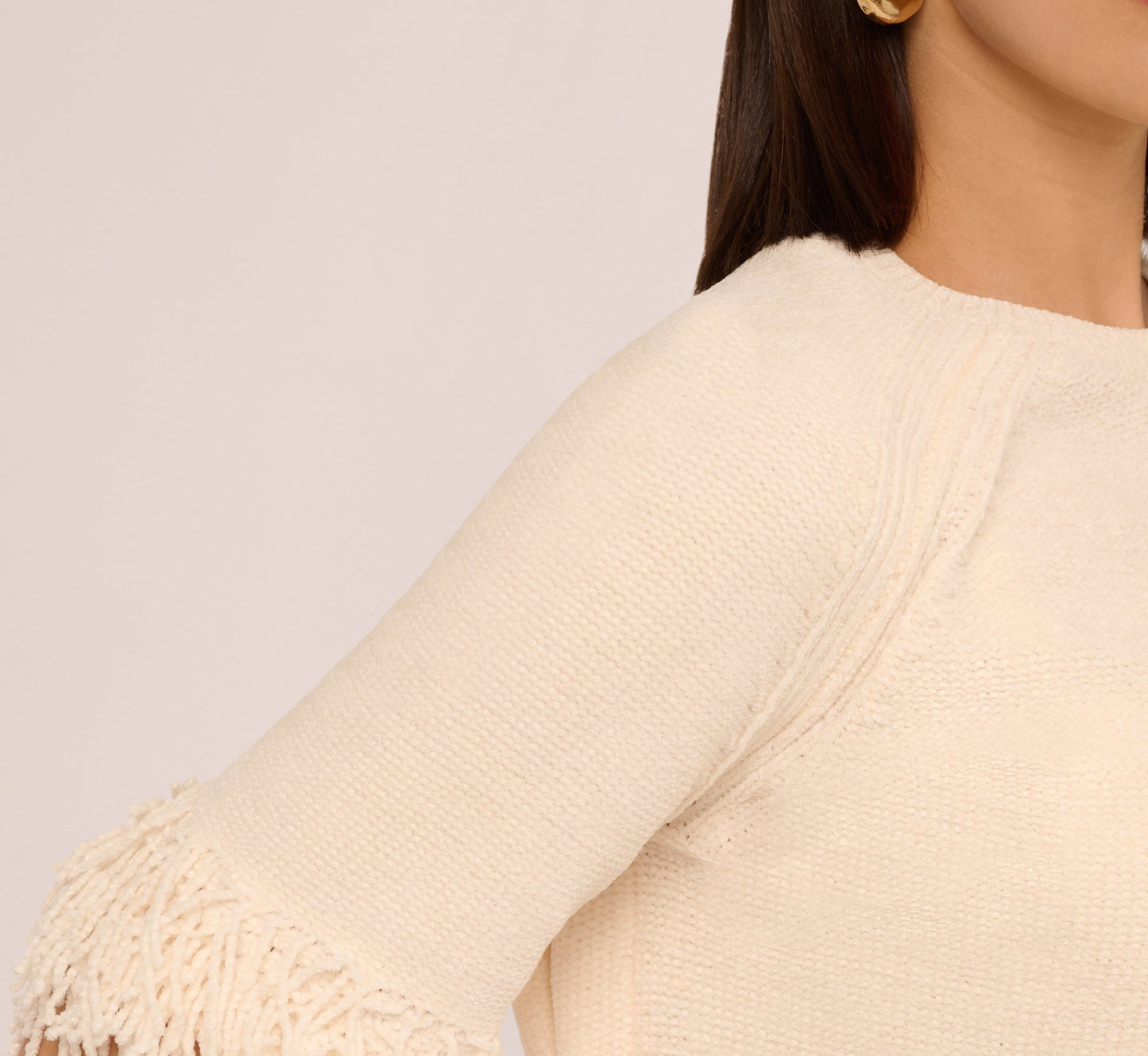 Three Quarter Sleeve Fringe Trim Sweater In Cream
