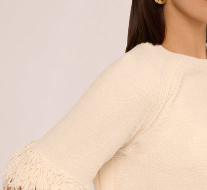 Three Quarter Sleeve Fringe Trim Sweater In Cream