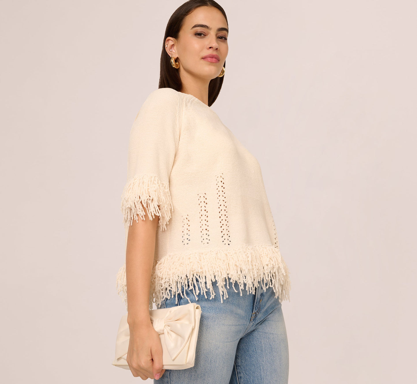 Three Quarter Sleeve Fringe Trim Sweater In Cream