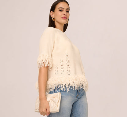 Three Quarter Sleeve Fringe Trim Sweater In Cream