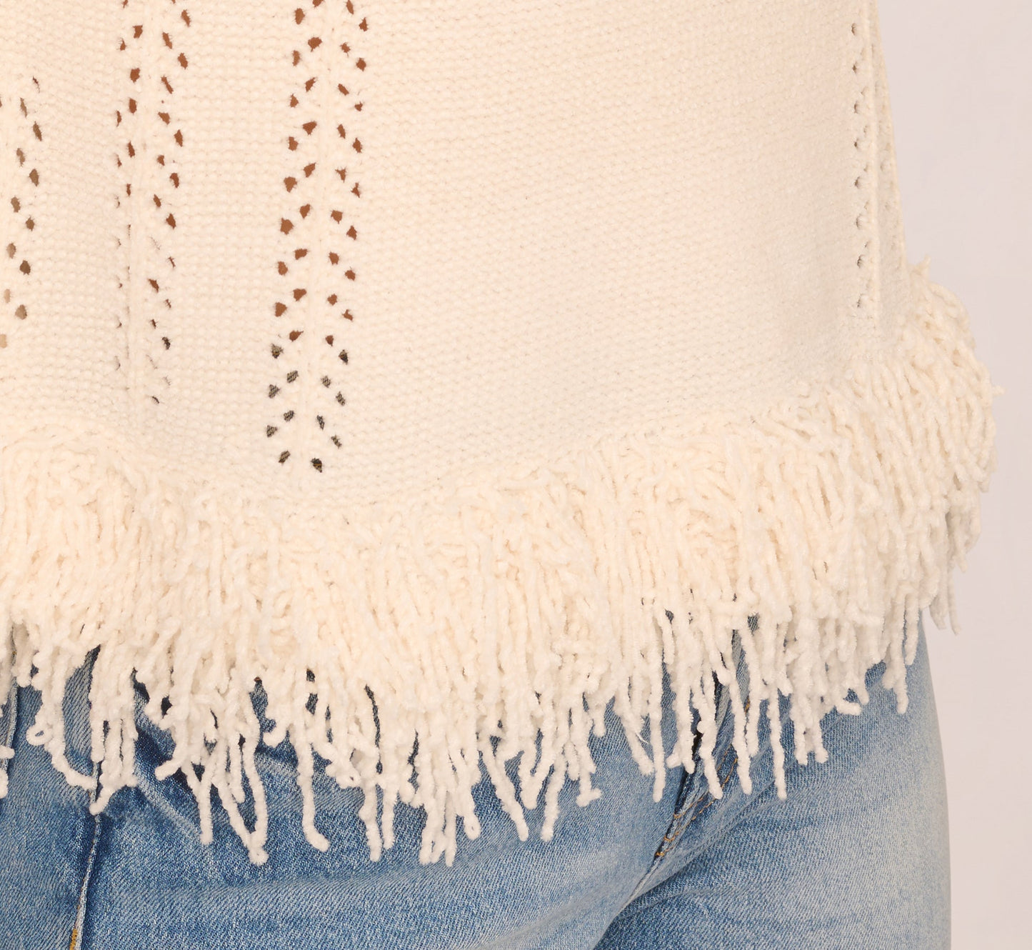 Three Quarter Sleeve Fringe Trim Sweater In Cream
