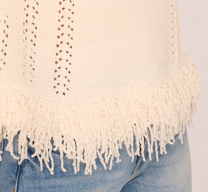 Three Quarter Sleeve Fringe Trim Sweater In Cream