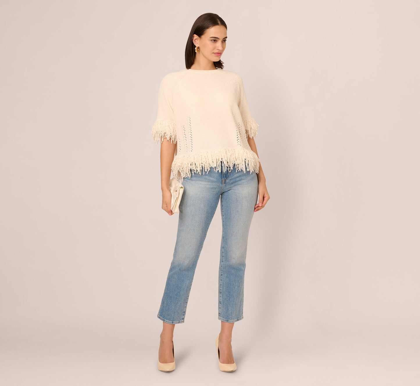 Three Quarter Sleeve Fringe Trim Sweater In Cream