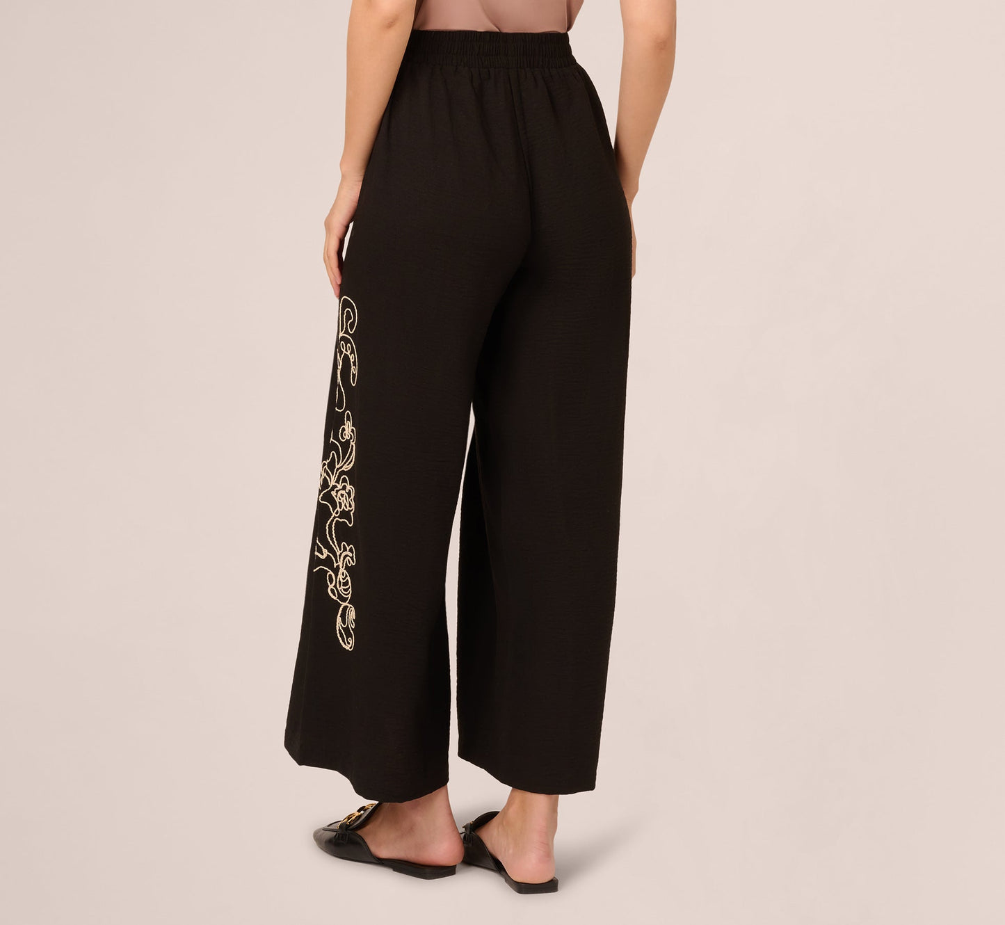 Wide Leg Floral Embroidered Pant In Black Cream