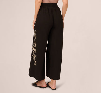 Wide Leg Floral Embroidered Pant In Black Cream