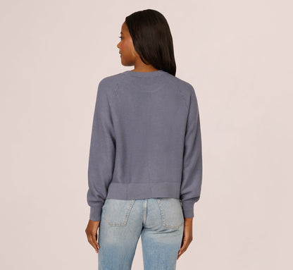 Long Sleeve Laced Raglan Sweater In Dusty Blue