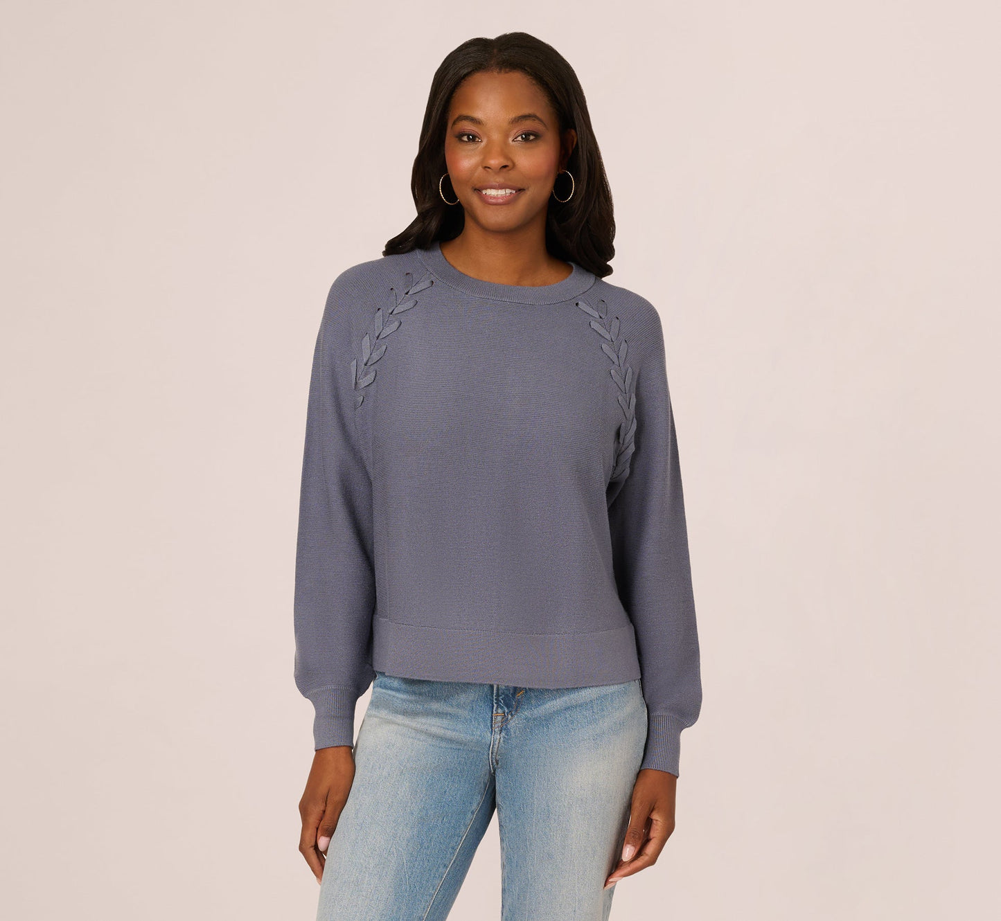Long Sleeve Laced Raglan Sweater In Dusty Blue