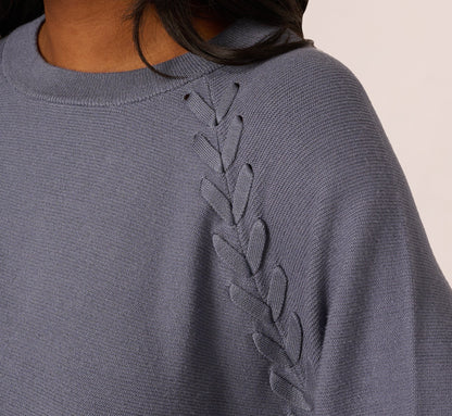 Long Sleeve Laced Raglan Sweater In Dusty Blue