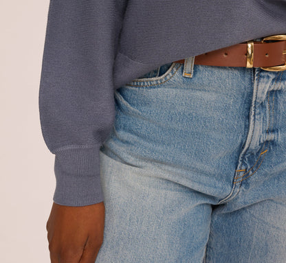 Long Sleeve Laced Raglan Sweater In Dusty Blue