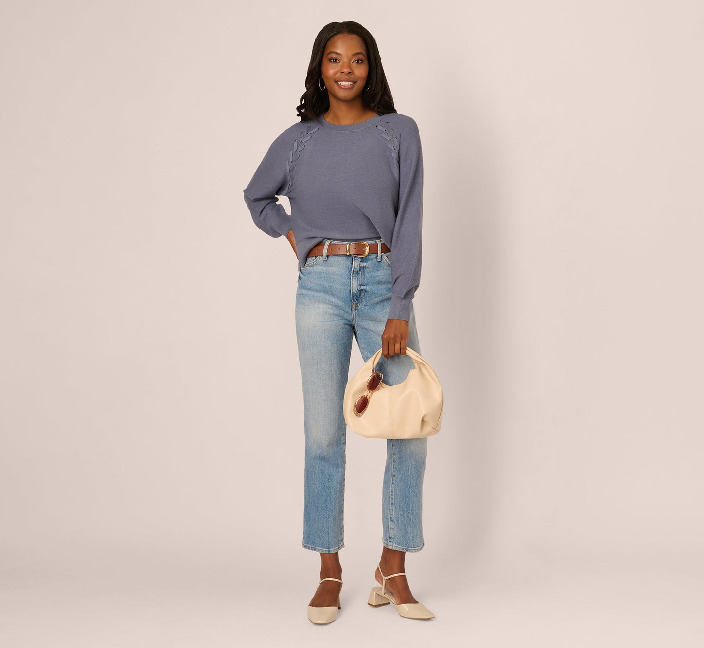 Long Sleeve Laced Raglan Sweater In Dusty Blue