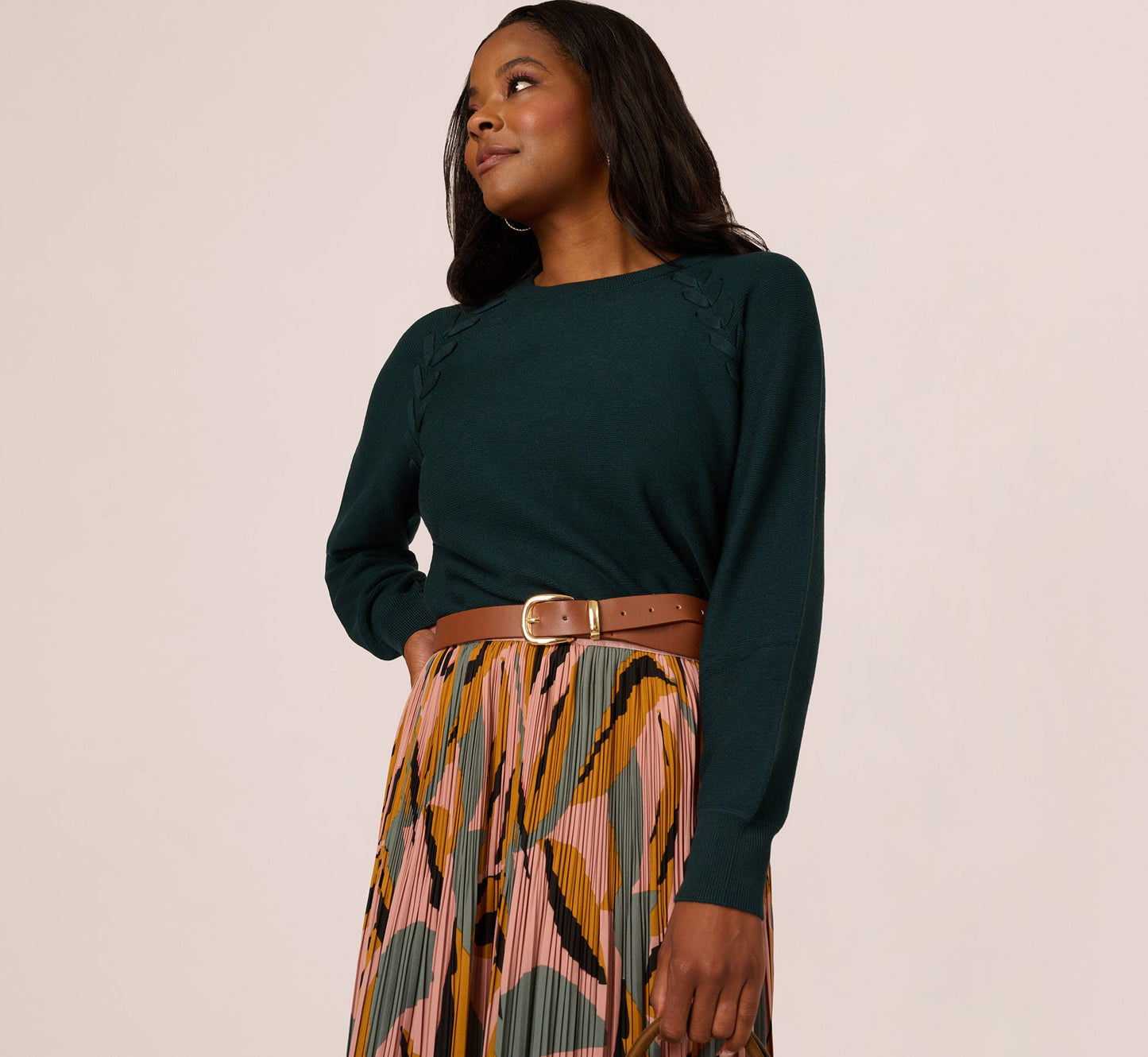 Long Sleeve Laced Raglan Sweater In Forest Teal