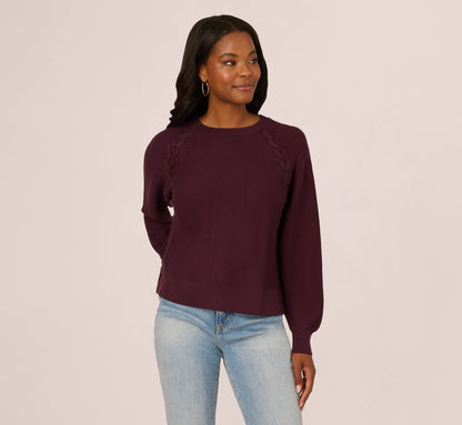 Long Sleeve Laced Raglan Sweater In Plum