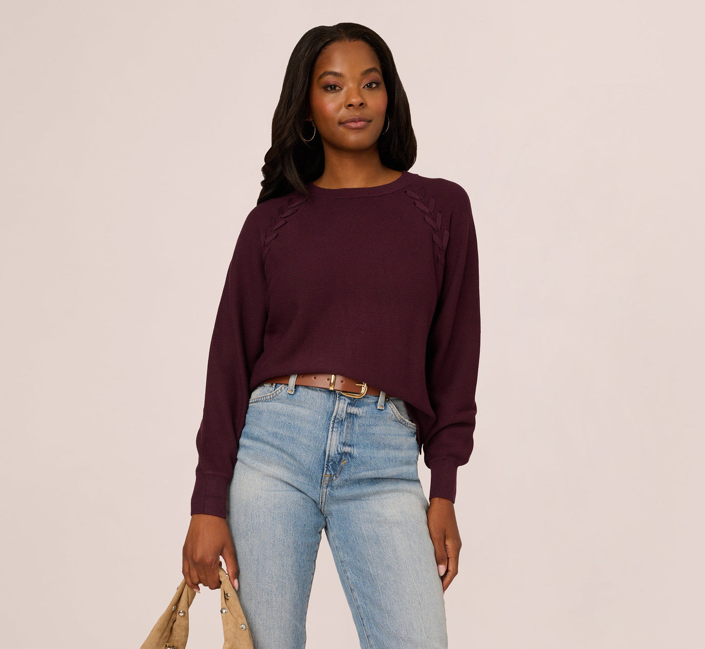 Long Sleeve Laced Raglan Sweater In Plum