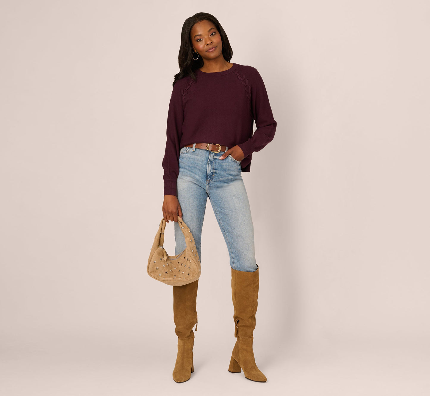 Long Sleeve Laced Raglan Sweater In Plum