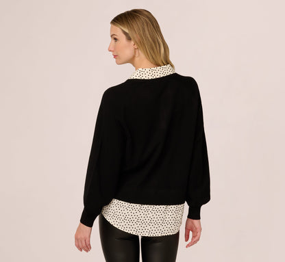 Long Sleeve Collared Printed Twover Sweater In Black W  Cream Abstract Dot