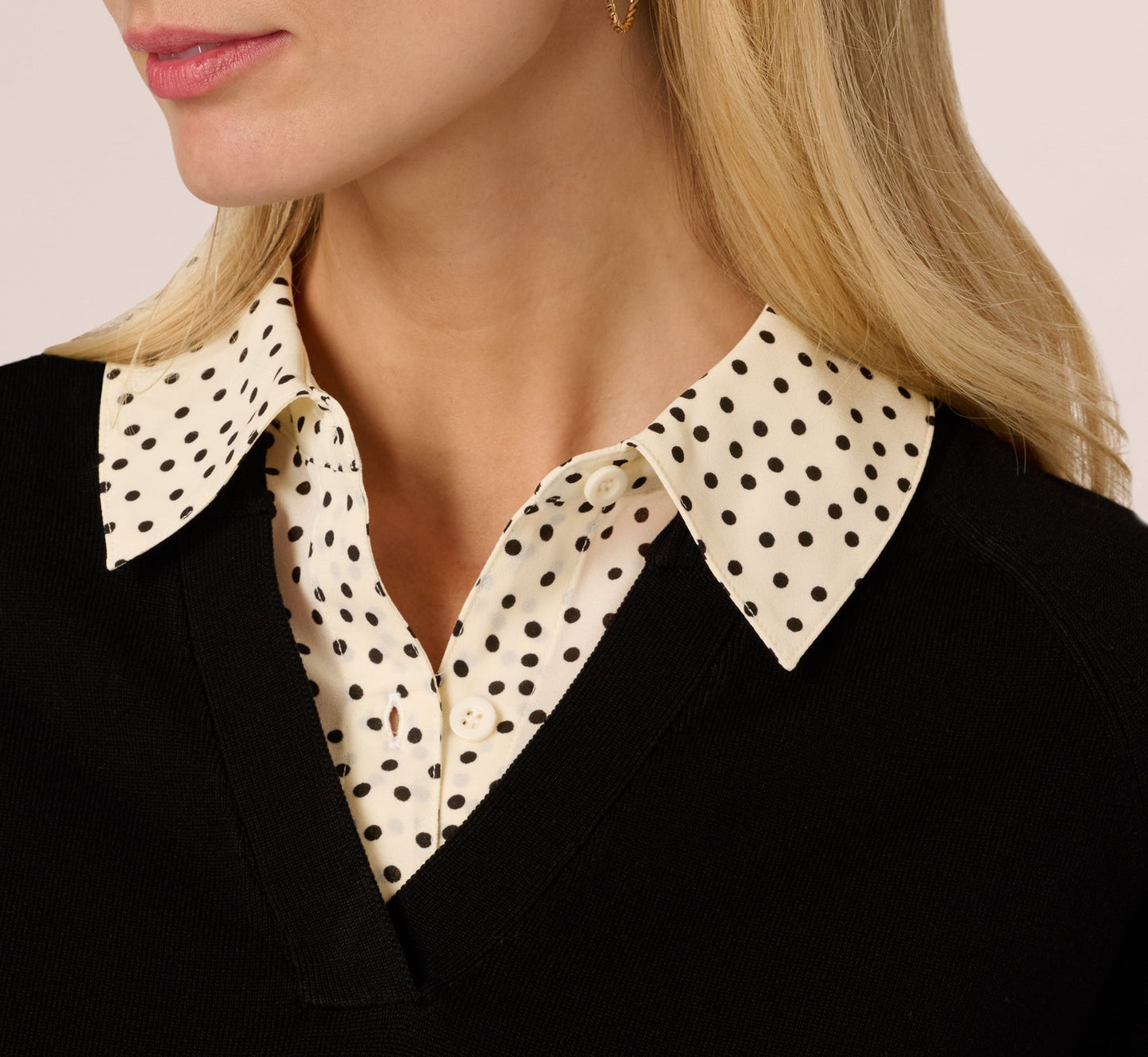 Long Sleeve Collared Printed Twover Sweater In Black W  Cream Abstract Dot