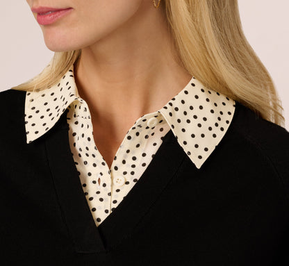 Long Sleeve Collared Printed Twover Sweater In Black W  Cream Abstract Dot
