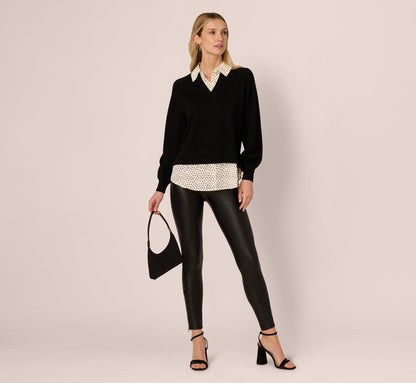 Long Sleeve Collared Printed Twover Sweater In Black W  Cream Abstract Dot