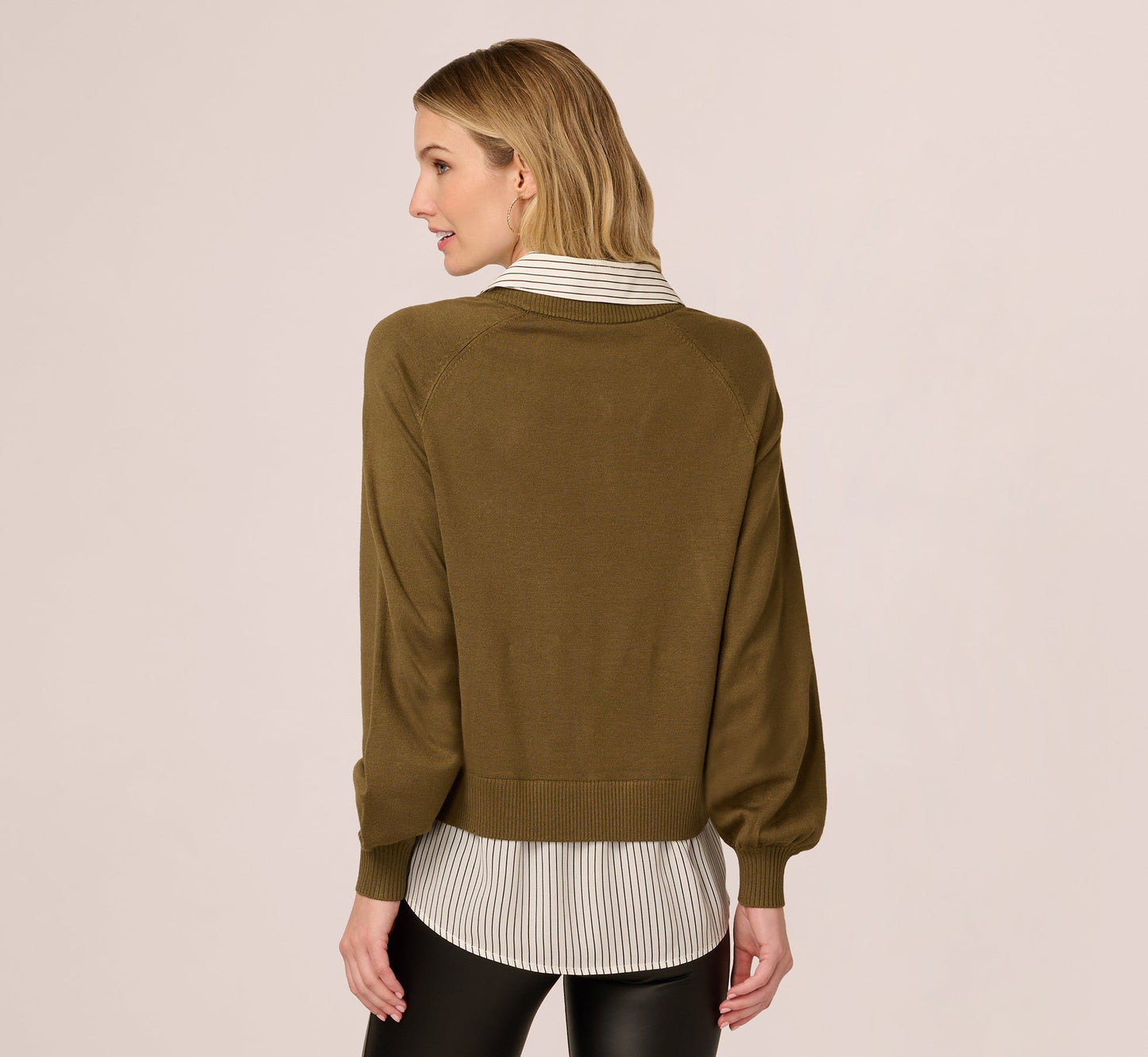 Long Sleeve Collared Printed Twover Sweater In Oak Olive W Iv Blministripe