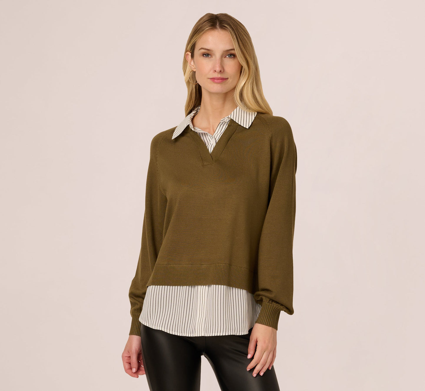 Long Sleeve Collared Printed Twover Sweater In Oak Olive W Iv Blministripe