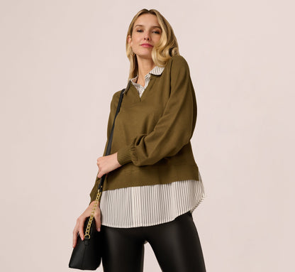 Long Sleeve Collared Printed Twover Sweater In Oak Olive W Iv Blministripe