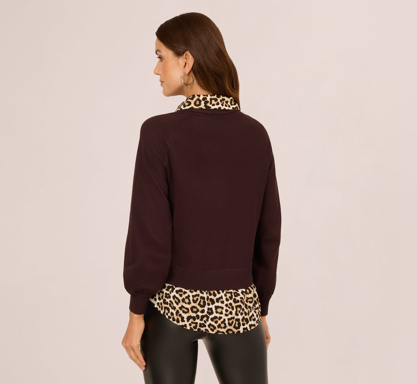 Long Sleeve Collared Printed Twover Sweater In Brownie W  Bengal Cheetah