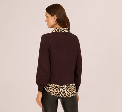 Long Sleeve Collared Printed Twover Sweater In Brownie W  Bengal Cheetah