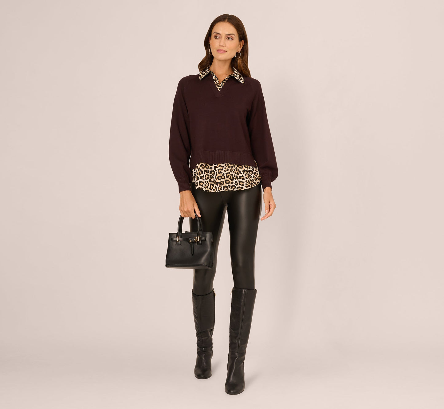 Long Sleeve Collared Printed Twover Sweater In Brownie W  Bengal Cheetah