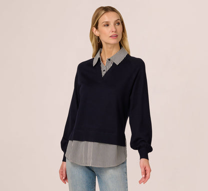 Long Sleeve Collared Printed Twover Sweater In Navy W  Navy Small Stripe