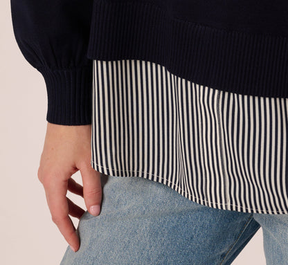 Long Sleeve Collared Printed Twover Sweater In Navy W  Navy Small Stripe