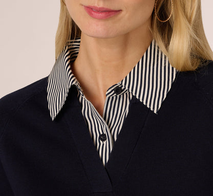 Long Sleeve Collared Printed Twover Sweater In Navy W  Navy Small Stripe