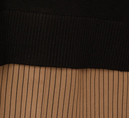 Long Sleeve Collared Printed Twover Sweater In Black W  Mocha Petite Stripe