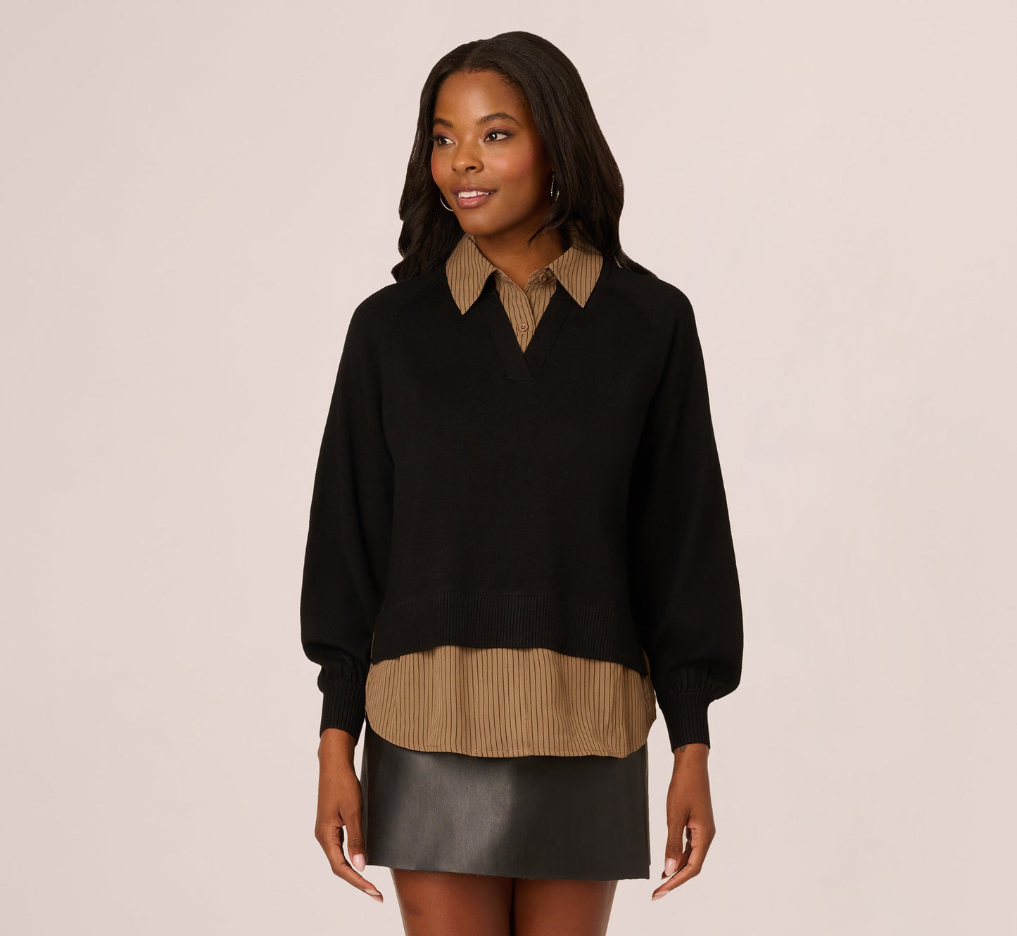 Long Sleeve Collared Printed Twover Sweater In Black W  Mocha Petite Stripe