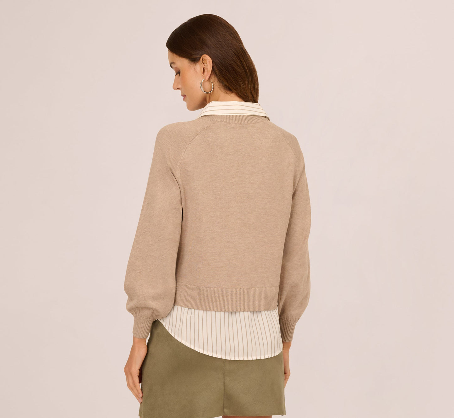 Long Sleeve Collared Printed Twover Sweater In H. Oatmeal W  Staple Stripe
