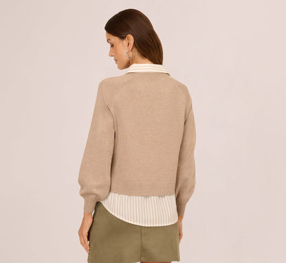 Long Sleeve Collared Printed Twover Sweater In H. Oatmeal W  Staple Stripe