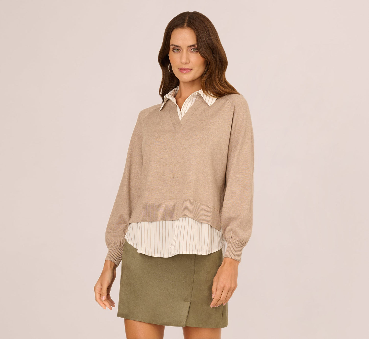 Long Sleeve Collared Printed Twover Sweater In H. Oatmeal W  Staple Stripe