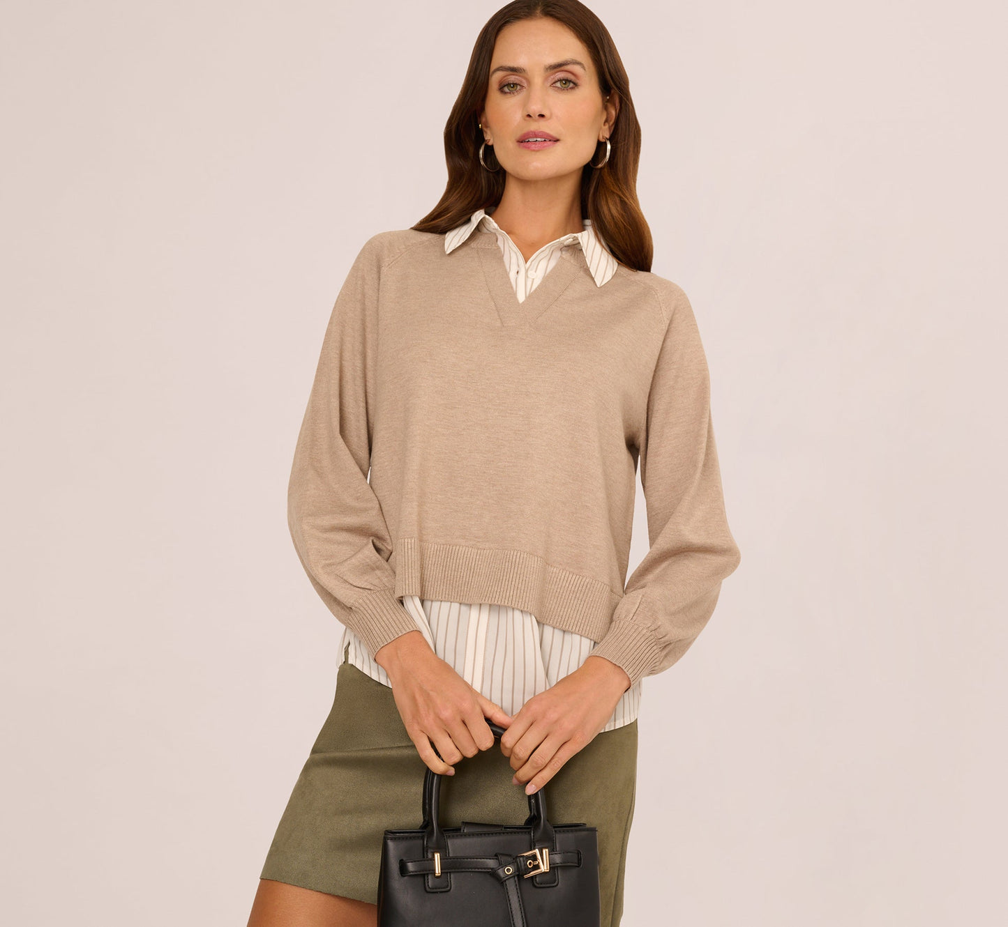 Long Sleeve Collared Printed Twover Sweater In H. Oatmeal W  Staple Stripe