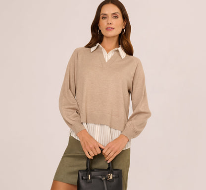 Long Sleeve Collared Printed Twover Sweater In H. Oatmeal W  Staple Stripe