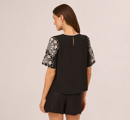 Short Sleeve Embroidered Lace Top In Black Ivory