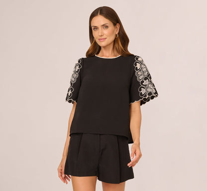 Short Sleeve Embroidered Lace Top In Black Ivory
